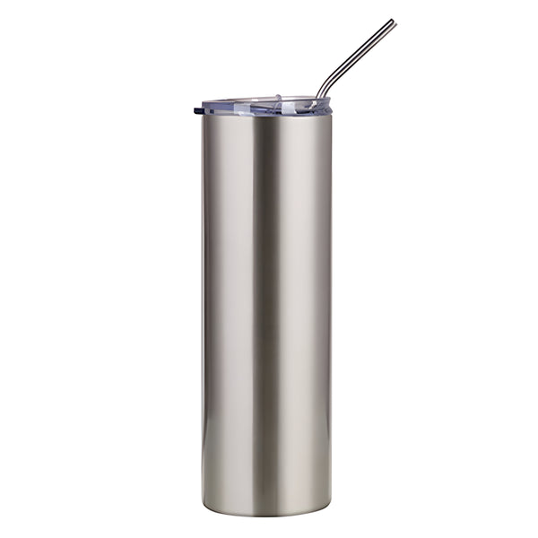 Water Bottles - Slim Stainless Steel - SILVER - 600ml Tumbler with Straw