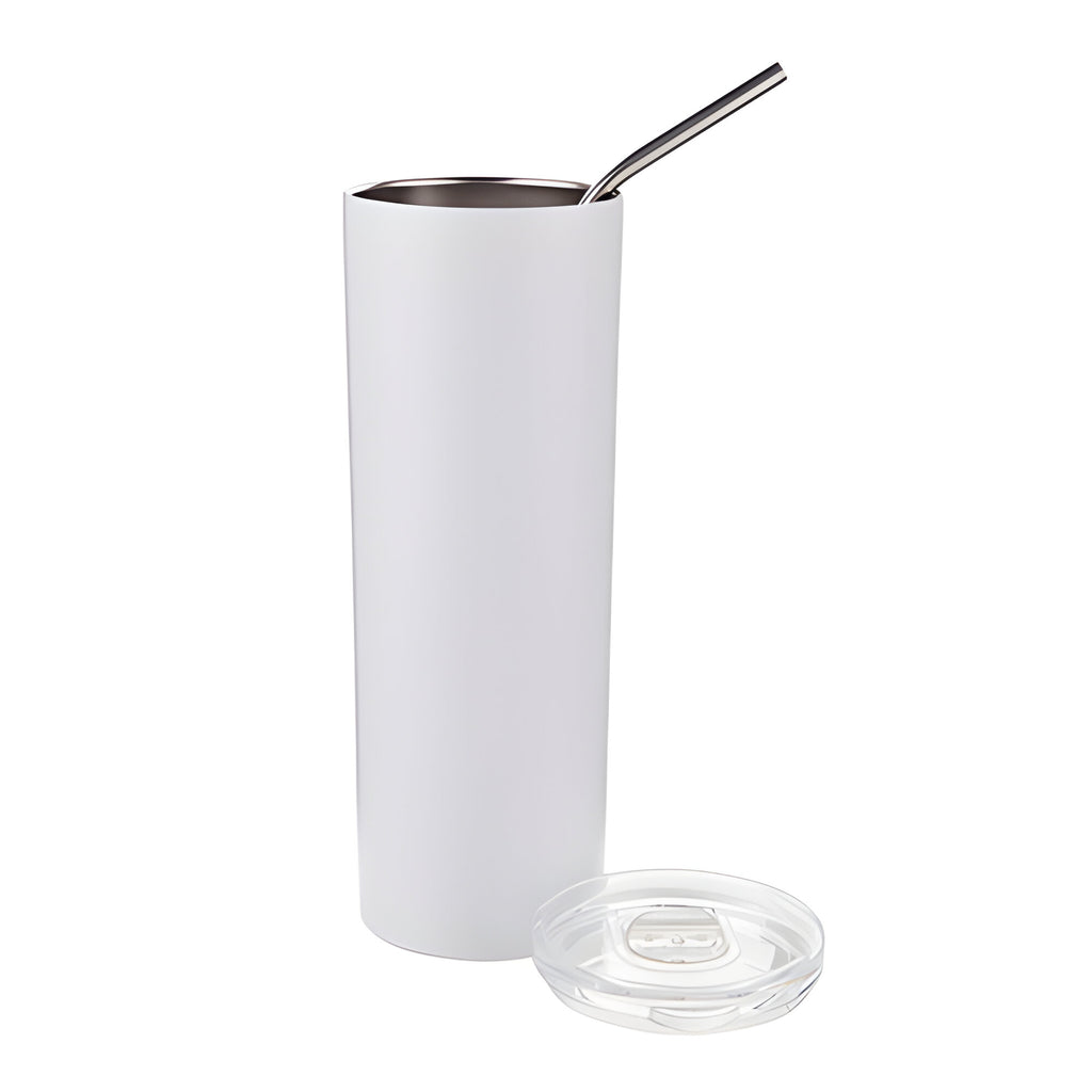 Water Bottles - Slim Stainless Steel - WHITE - 600ml Tumbler with Straw