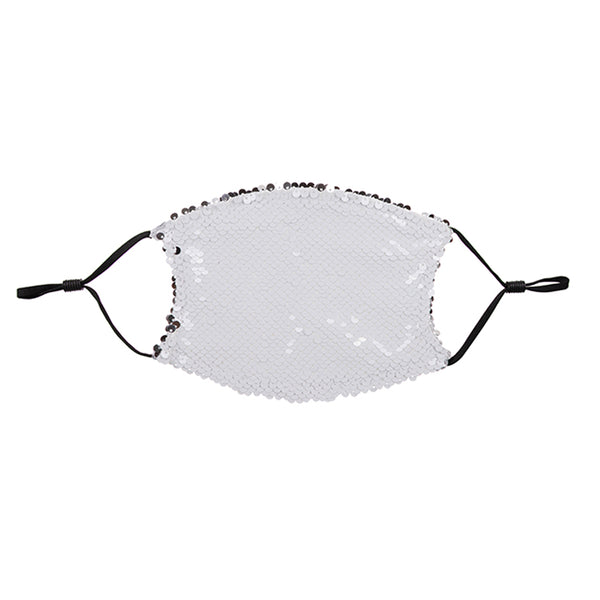 Face Coverings - Silver/ White Sequin Mask - Black Straps - ADULT Size with 2 x PM2.5 Filters - Longforte Trading Ltd