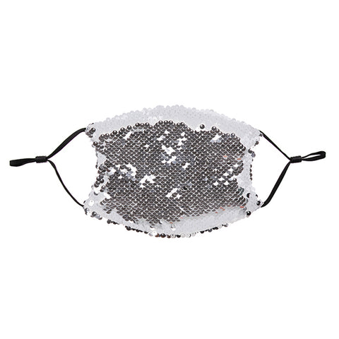Face Coverings -  Silver/ White Sequin Mask - Black Straps - ADULT Size with 2 x PM2.5 Filters