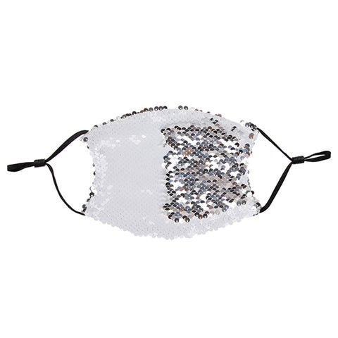 Face Coverings -  Silver/ White Sequin Mask - Black Straps - ADULT Size with 2 x PM2.5 Filters