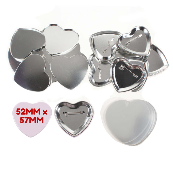 100 Stück Blanko-Komponenten zum Herstellen von Herz-Buttons (52 x 57 mm) mit Anstecknadel
