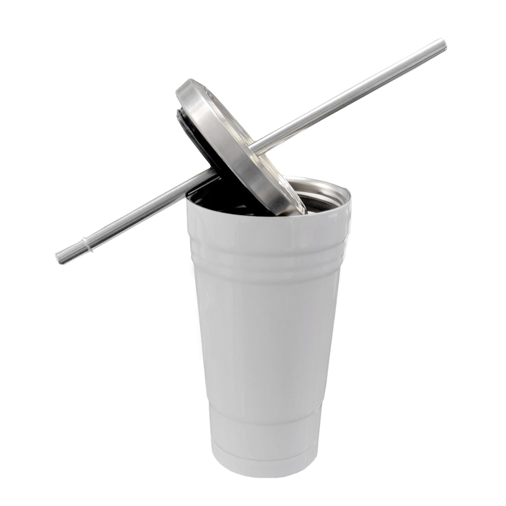 Tasses - Tasses de voyage - Gobelet en acier inoxydable de 16 oz avec paille - Blanc