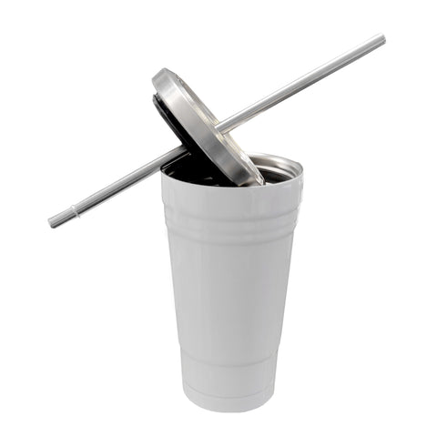 Mugs - Travel Mugs - 16oz Stainless Steel Tumbler with Straw - White
