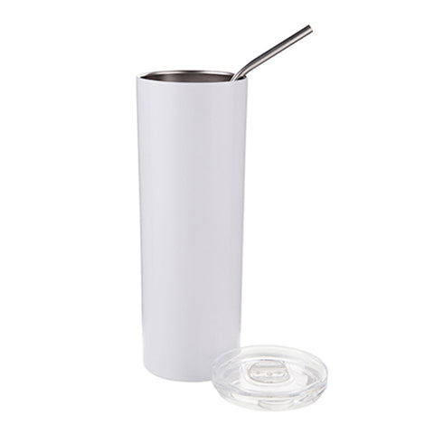 FULL CARTON - 25 x Water Bottles - Slim Stainless Steel - WHITE - 600ml Tumbler with Straw