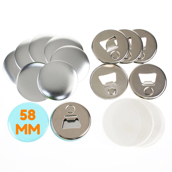100 Stück Blanko-Komponenten für die Herstellung von Flaschenöffnern und Abzeichen (58 mm, mit Magnet)