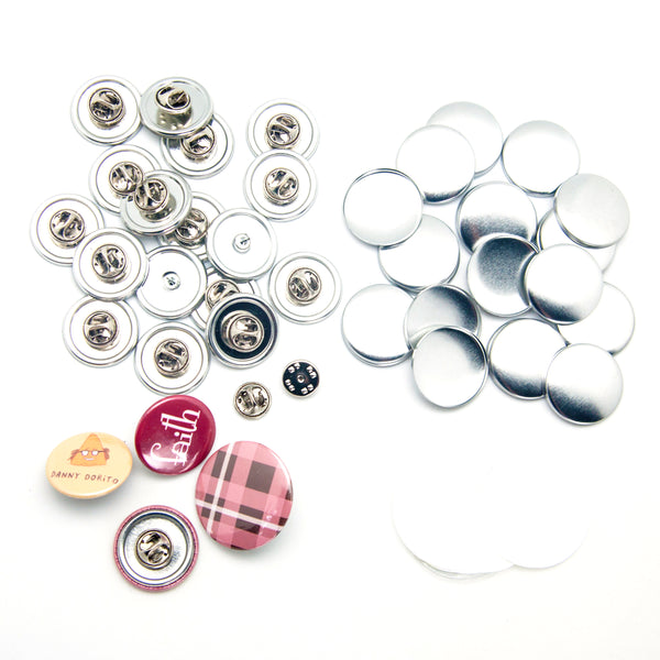 100 Stück Blanko-Komponenten für die Herstellung von Buttons (32 mm) mit Schmetterlings-Anstecker