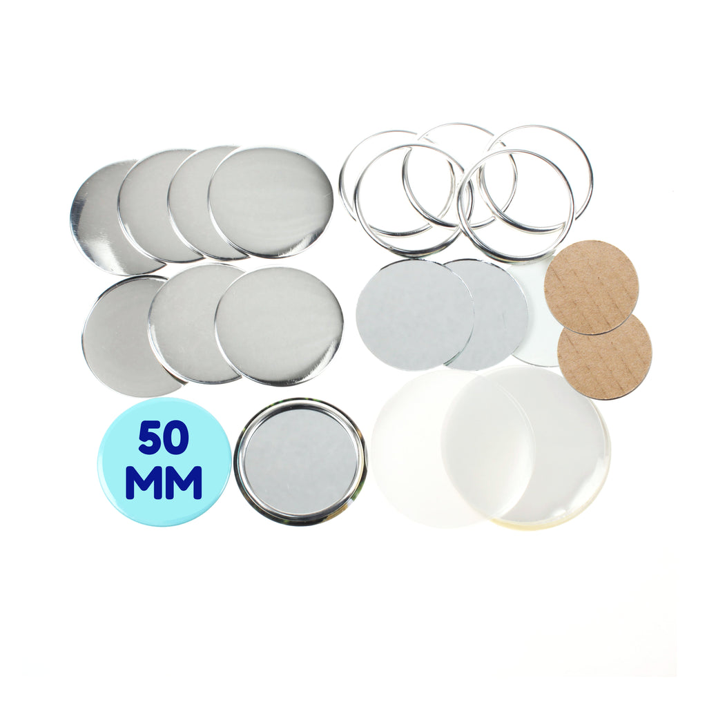 100 Stück Blanko-Komponenten zur Herstellung von Buttons, rund, 50 mm, mit verspiegelter Rückseite
