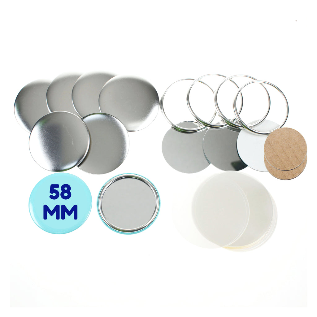 100 Stück Blanko-Komponenten zur Herstellung von runden Buttons (58 mm) mit verspiegelter Rückseite