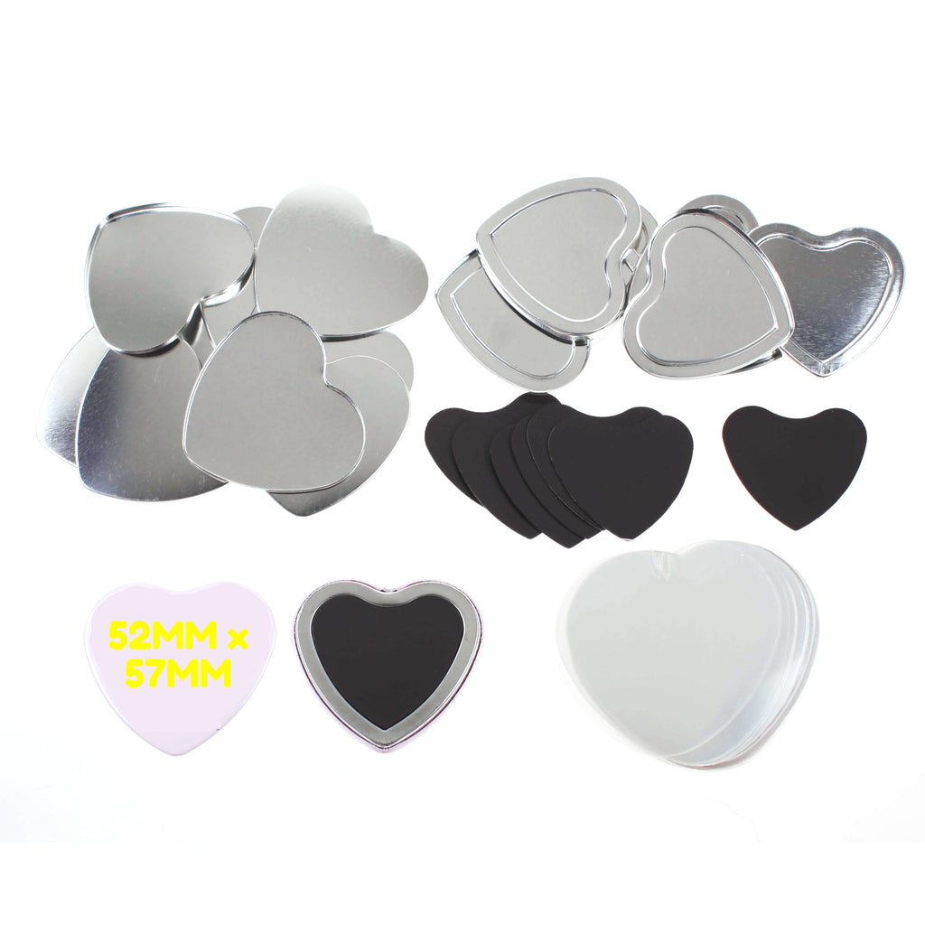 Pack of 100 Blank 53mm x 57.5mm Heart Badge Making Components with Rubber Magnet